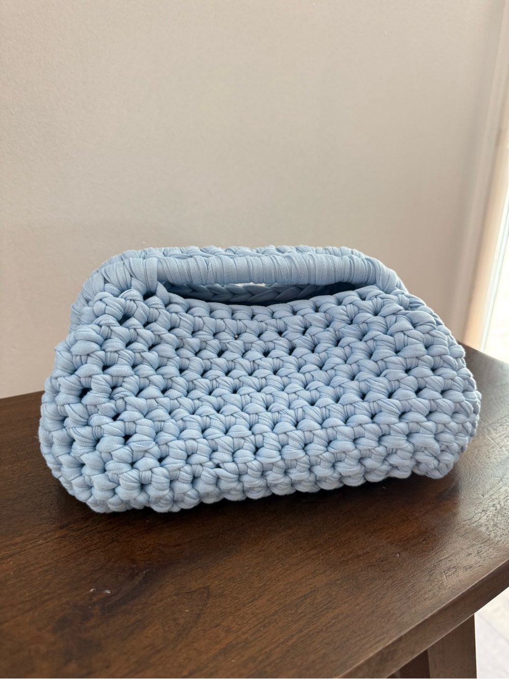 Hand-Crocheted Chunky Knit Clutch - Light Blue